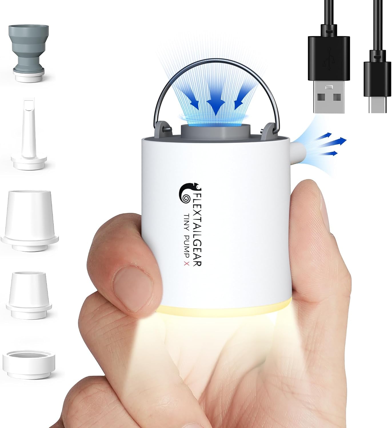 Tiny Pump Portable Air Pump+ Camping Light Ultra-Mini Air Pump with 1300Mah Battery USB Rechargeable for Pool Floats Air Bed Air Mattress Swimming Ring Vacuum Storage Bags