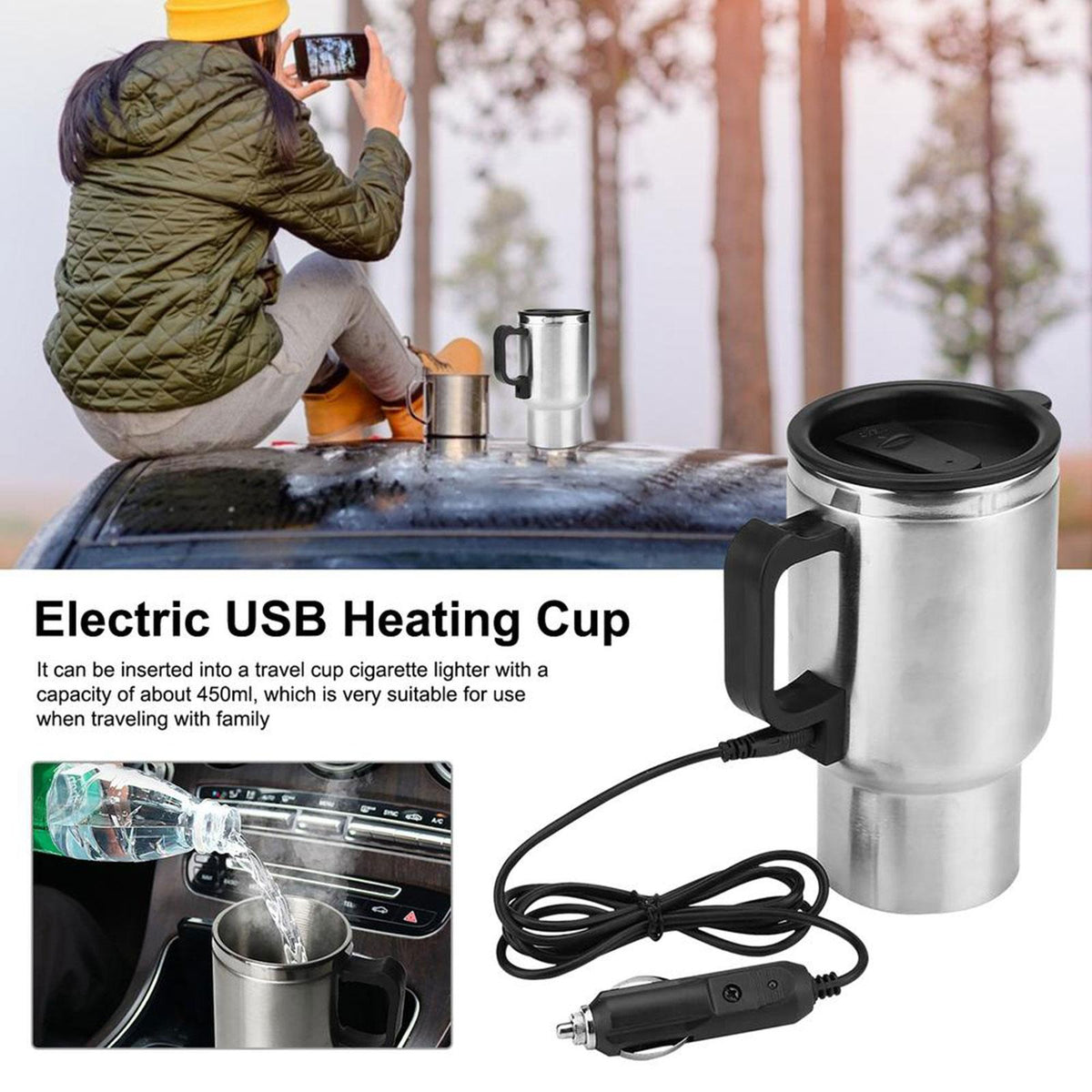 12V Car Heating Travel Mug — 450ml Stainless Steel