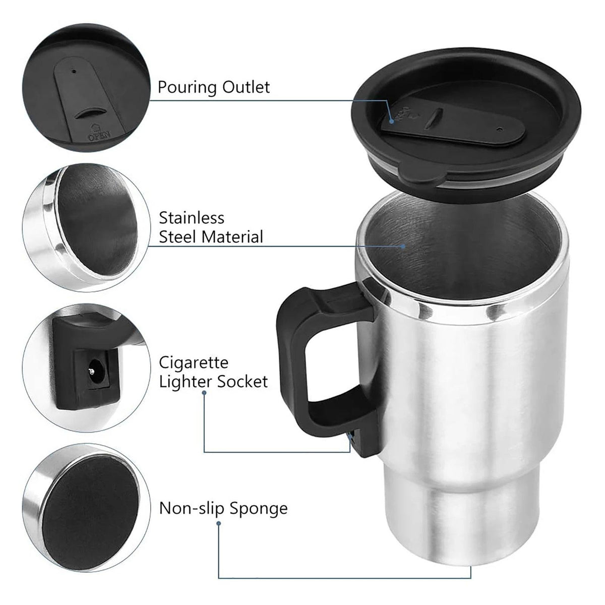 12V Car Heating Travel Mug — 450ml Stainless Steel
