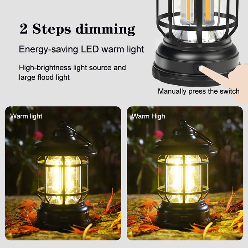 Portable Retro Camping Lantern — COB LED, Rechargeable or Dry Battery