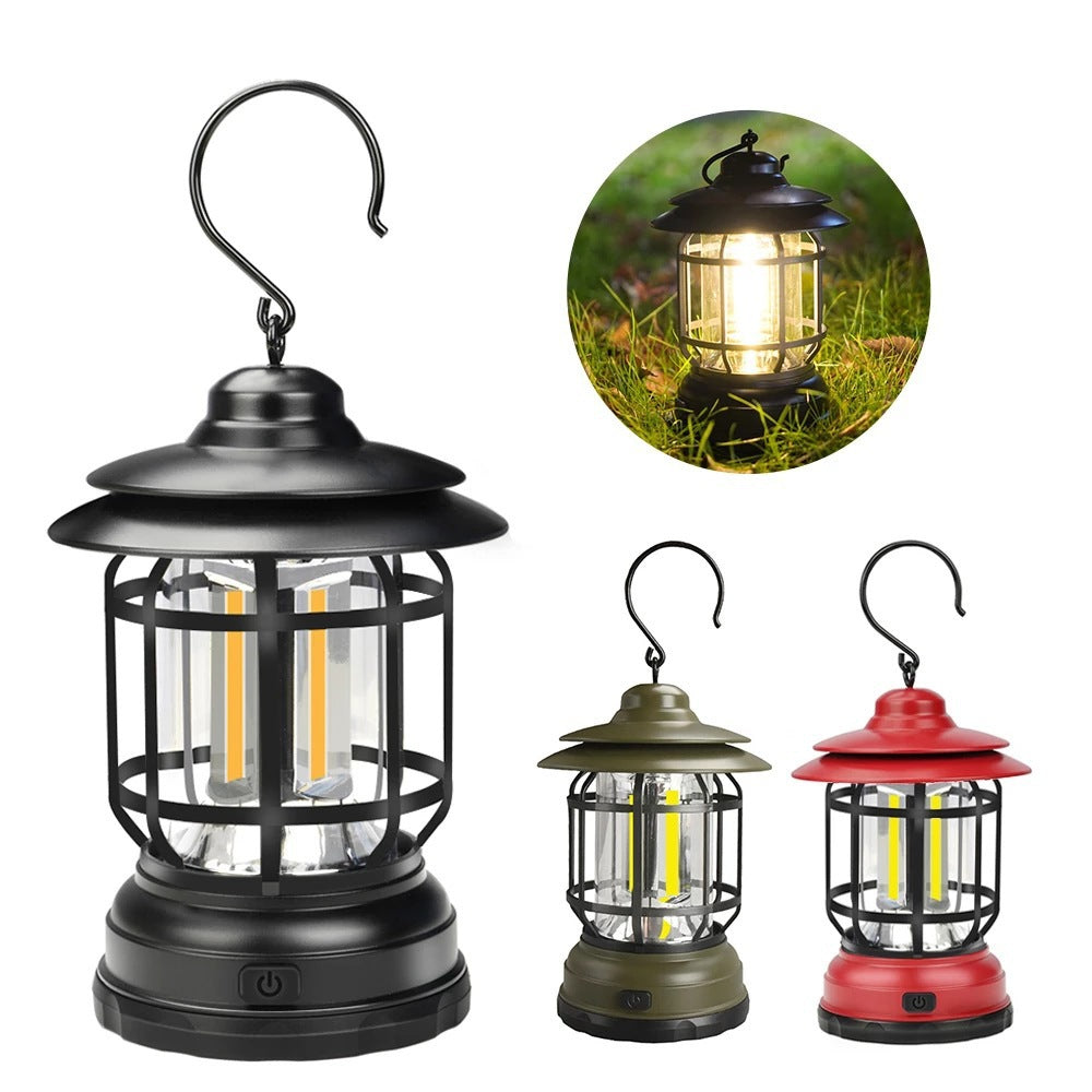Portable Retro Camping Lantern — COB LED, Rechargeable or Dry Battery