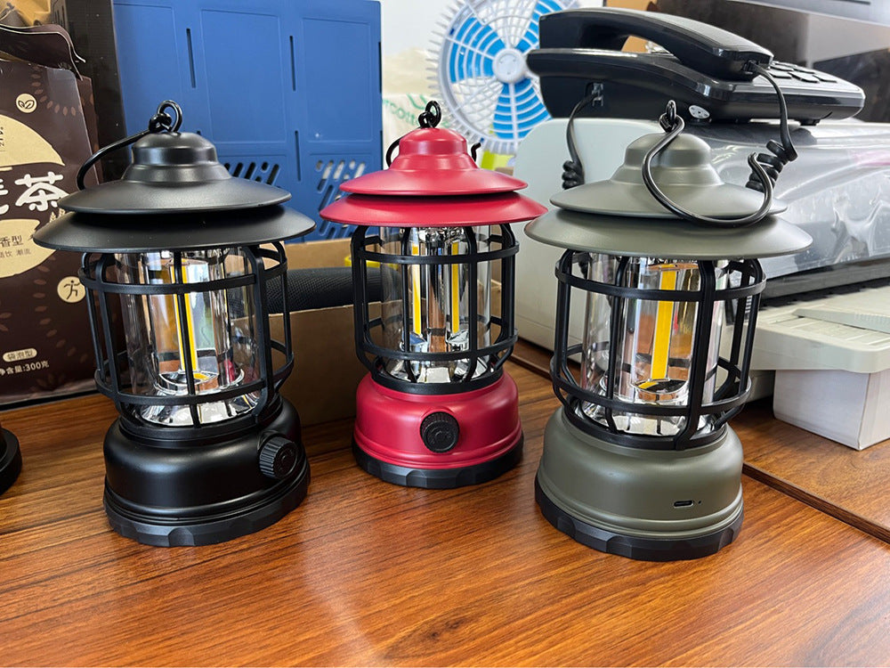 Portable Retro Camping Lantern — COB LED, Rechargeable or Dry Battery
