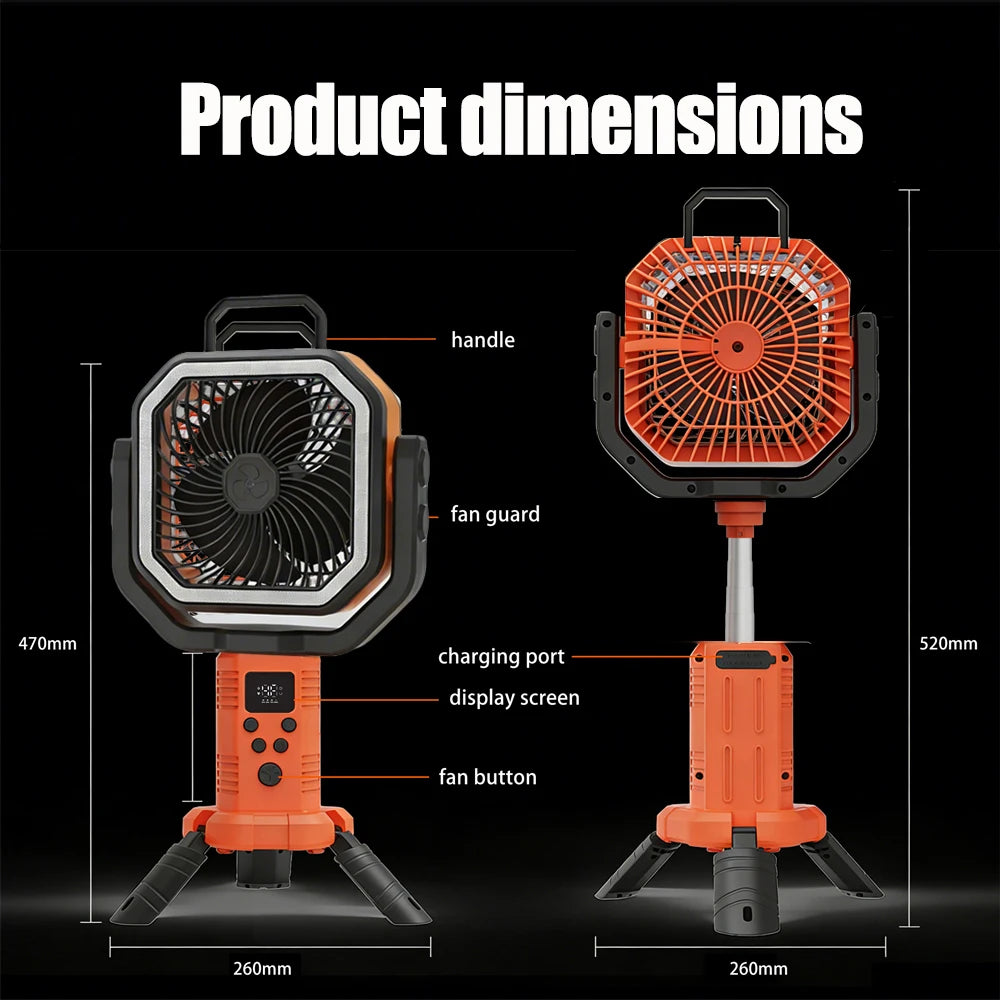 Outdoor Portable Fan 50000mAh Battery Operated with Turbo High-Speed Brushless Motor Auto-Swing for Camping Hiking Picnic BBQ