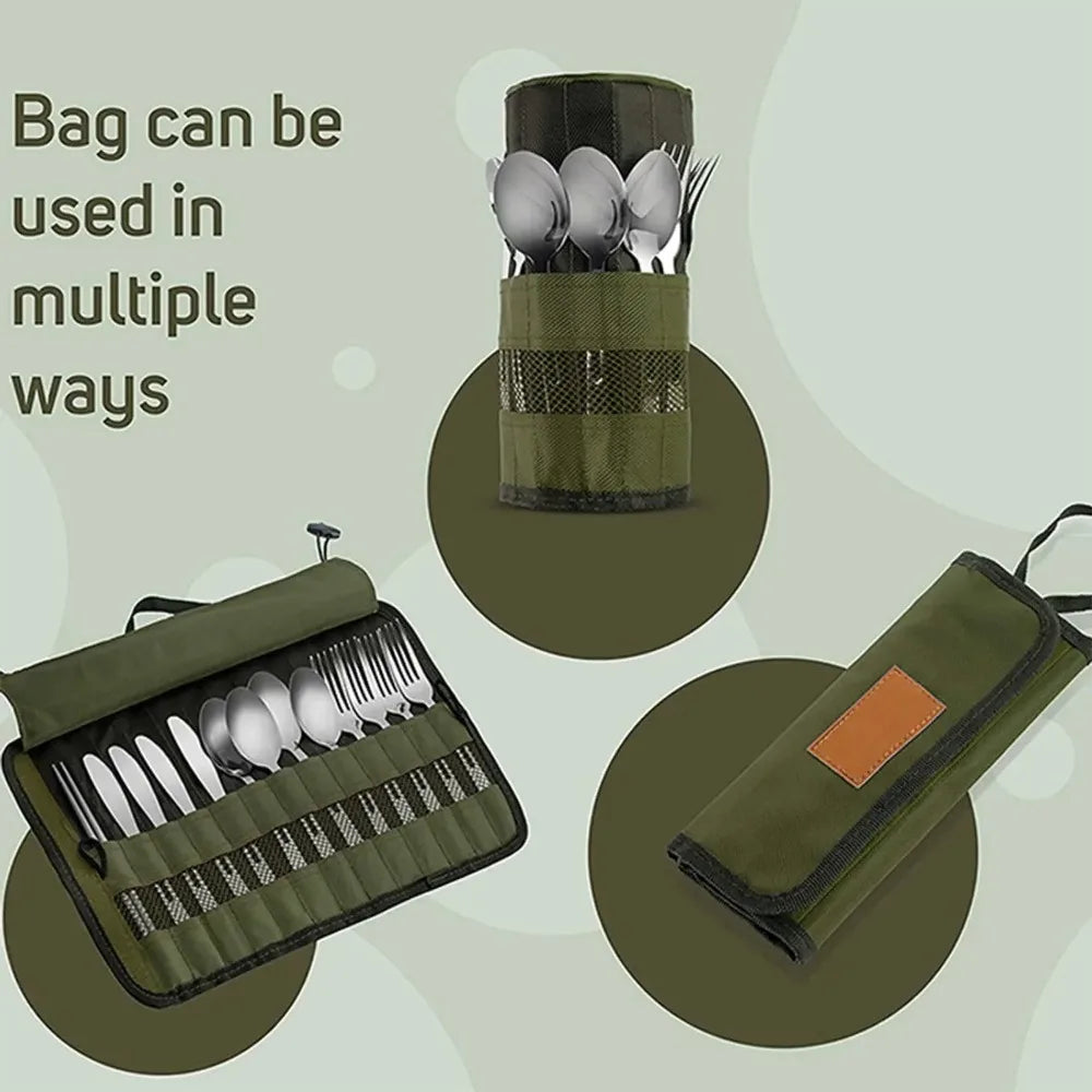 Portable Roll Up Pouch Bag Outdoor Camping Cutlery Storage Bag Cutlery Storage Water Resistant Case For Forks Spoons Chopstick