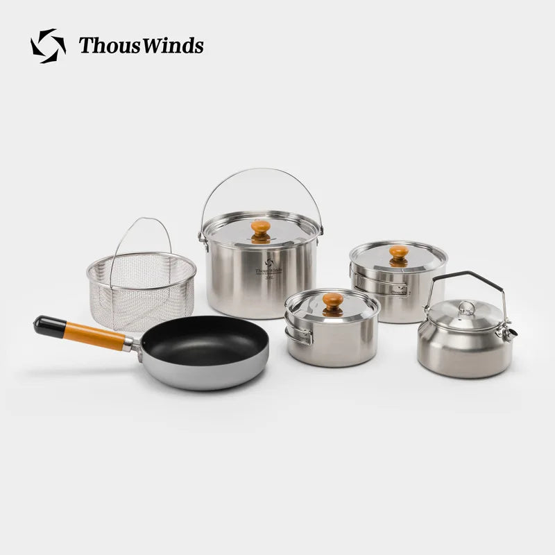 Thous Winds Camping Cookware Set Stainless Steel Outdoor Cooking Kit Tableware Cookset Pan Bowl Kettle Pot Picnic with Mesh Bag