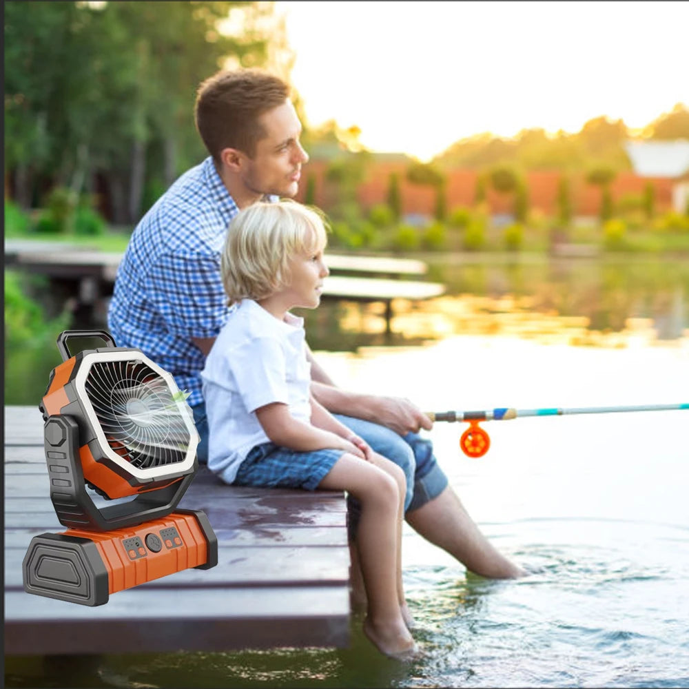 Outdoor Portable Fan 50000mAh Battery Operated with Turbo High-Speed Brushless Motor Auto-Swing for Camping Hiking Picnic BBQ