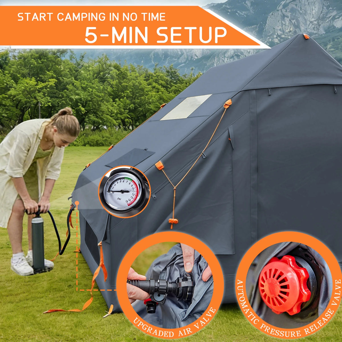 2000mm Waterproof Inflatable Glamping Tent — 3–4 Person Air Tent with Hand Pump