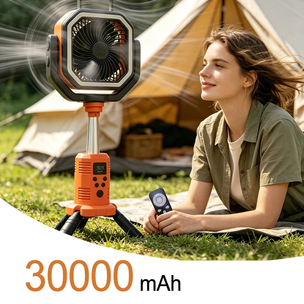 Outdoor Portable Fan 50000mAh Battery Operated with Turbo High-Speed Brushless Motor Auto-Swing for Camping Hiking Picnic BBQ