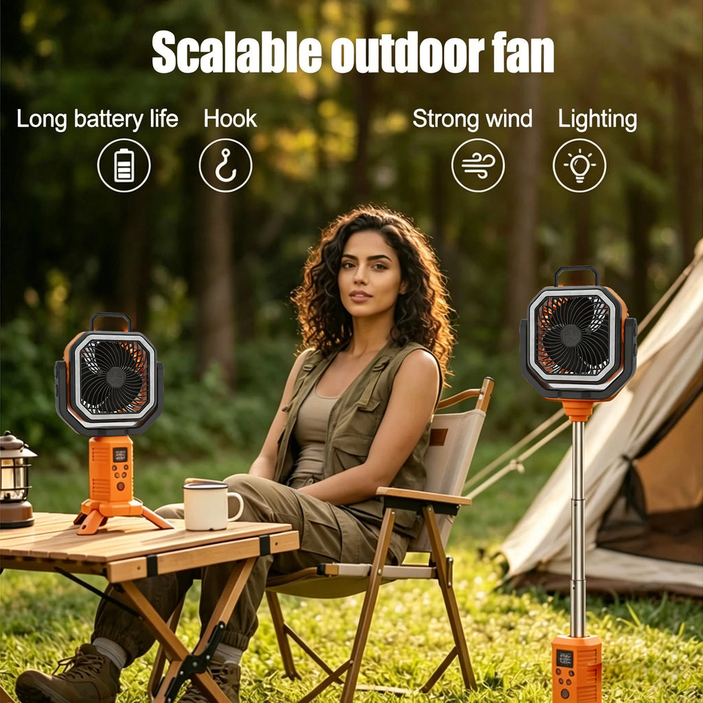 Outdoor Portable Fan 50000mAh Battery Operated with Turbo High-Speed Brushless Motor Auto-Swing for Camping Hiking Picnic BBQ