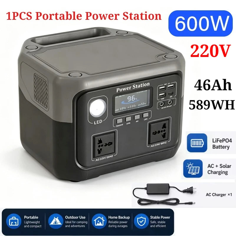 800W Portable Power Station 600W/800W 589WH Solar Generator Backup Power Bank for Outdoor Camping, Home Emergency, RV Travel