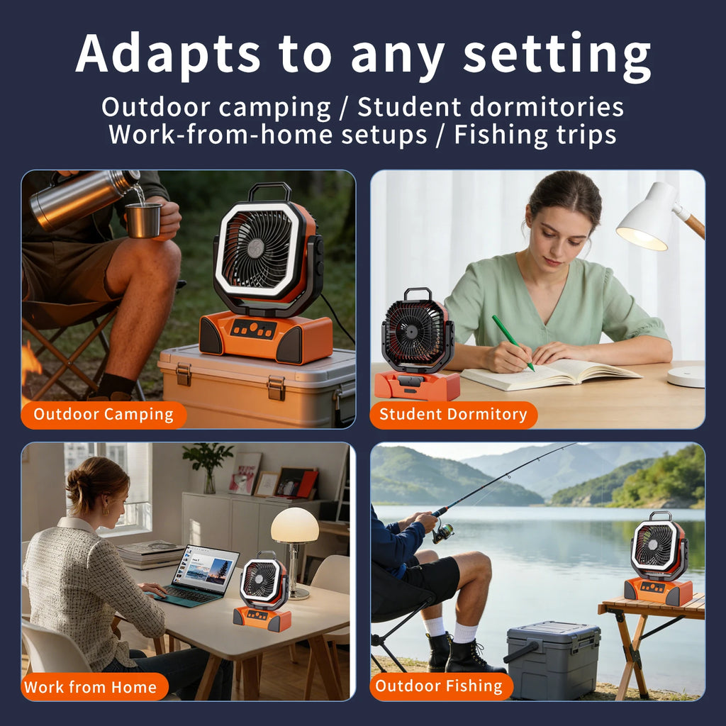 Outdoor Portable Fan 50000mAh Battery Operated with Turbo High-Speed Brushless Motor Auto-Swing for Camping Hiking Picnic BBQ