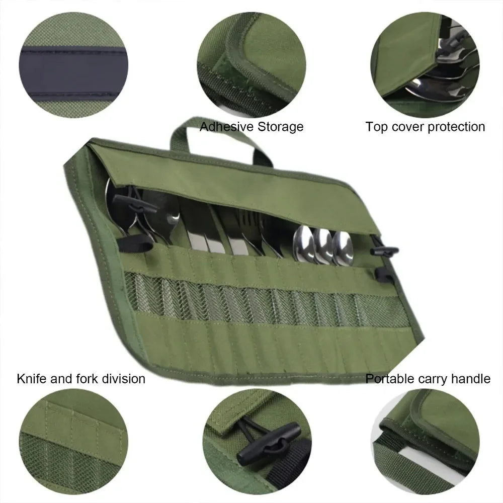 Portable Roll Up Pouch Bag Outdoor Camping Cutlery Storage Bag Cutlery Storage Water Resistant Case For Forks Spoons Chopstick