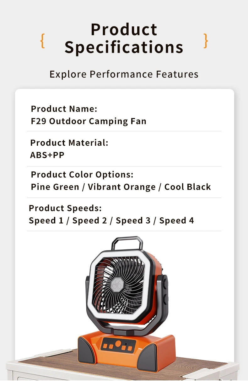 Outdoor Portable Fan 50000mAh Battery Operated with Turbo High-Speed Brushless Motor Auto-Swing for Camping Hiking Picnic BBQ