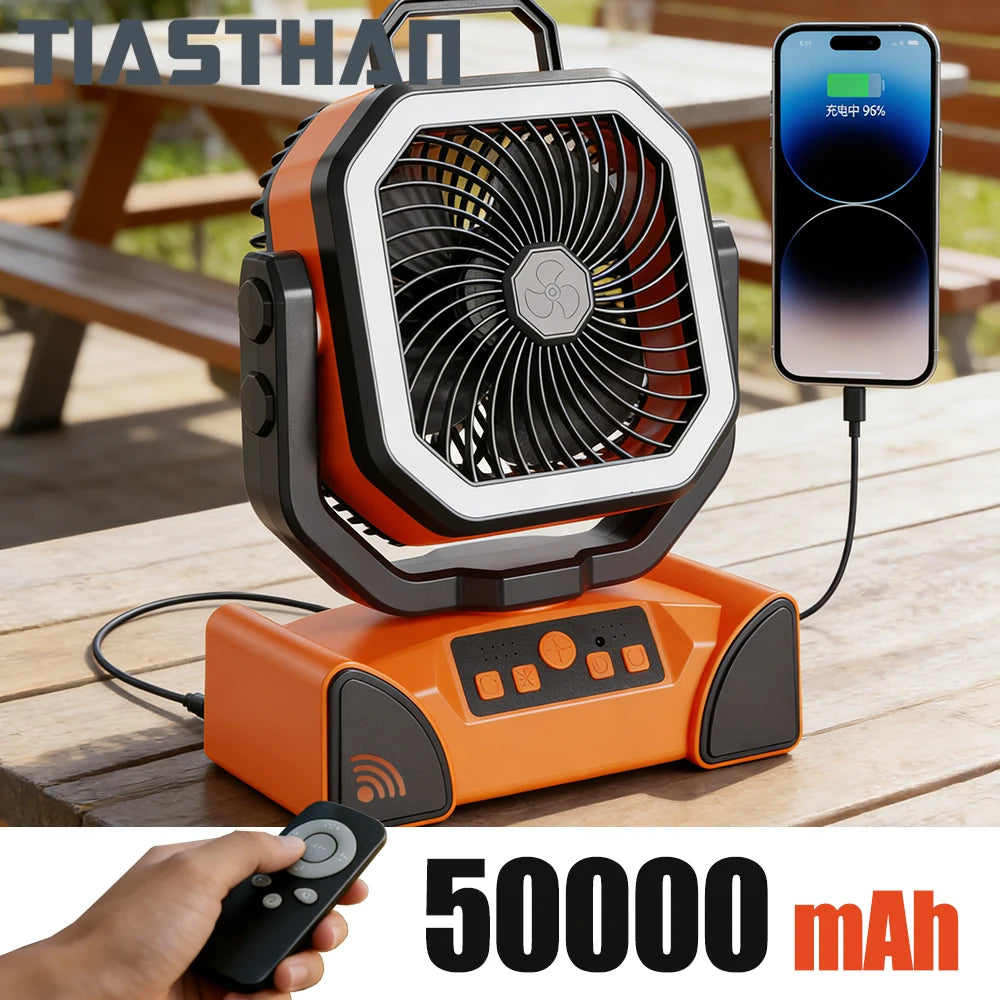 Outdoor Portable Fan 50000mAh Battery Operated with Turbo High-Speed Brushless Motor Auto-Swing for Camping Hiking Picnic BBQ