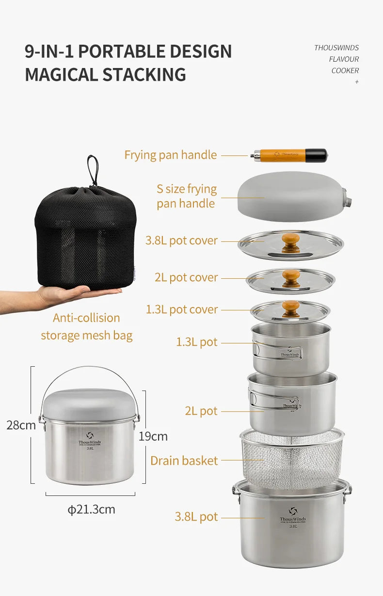 Thous Winds Camping Cookware Set Stainless Steel Outdoor Cooking Kit Tableware Cookset Pan Bowl Kettle Pot Picnic with Mesh Bag