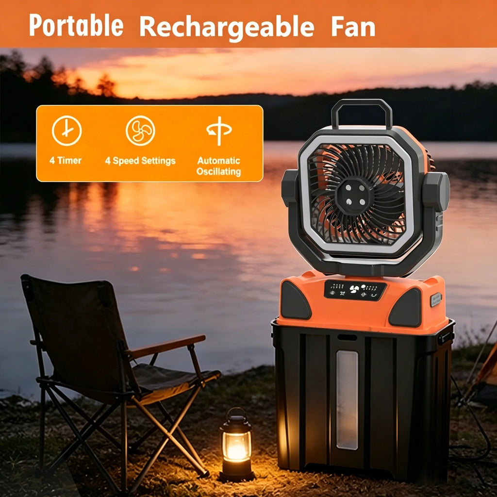 Outdoor Portable Fan 50000mAh Battery Operated with Turbo High-Speed Brushless Motor Auto-Swing for Camping Hiking Picnic BBQ