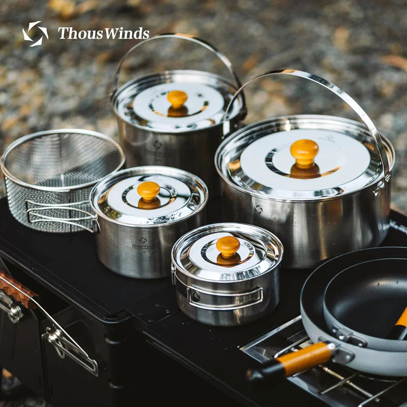 Thous Winds Camping Cookware Set Stainless Steel Outdoor Cooking Kit Tableware Cookset Pan Bowl Kettle Pot Picnic with Mesh Bag