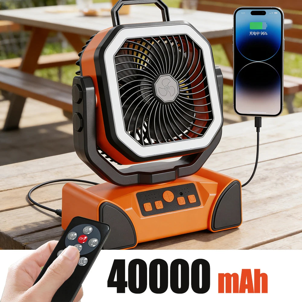 Outdoor Portable Fan 50000mAh Battery Operated with Turbo High-Speed Brushless Motor Auto-Swing for Camping Hiking Picnic BBQ