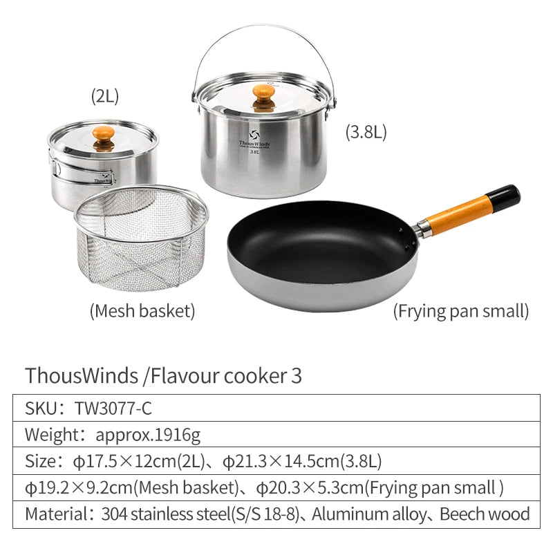 Thous Winds Camping Cookware Set Stainless Steel Outdoor Cooking Kit Tableware Cookset Pan Bowl Kettle Pot Picnic with Mesh Bag