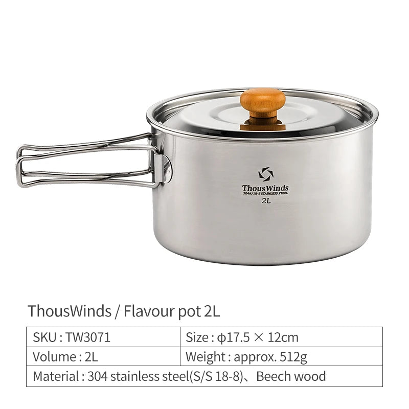 Thous Winds Camping Cookware Set Stainless Steel Outdoor Cooking Kit Tableware Cookset Pan Bowl Kettle Pot Picnic with Mesh Bag