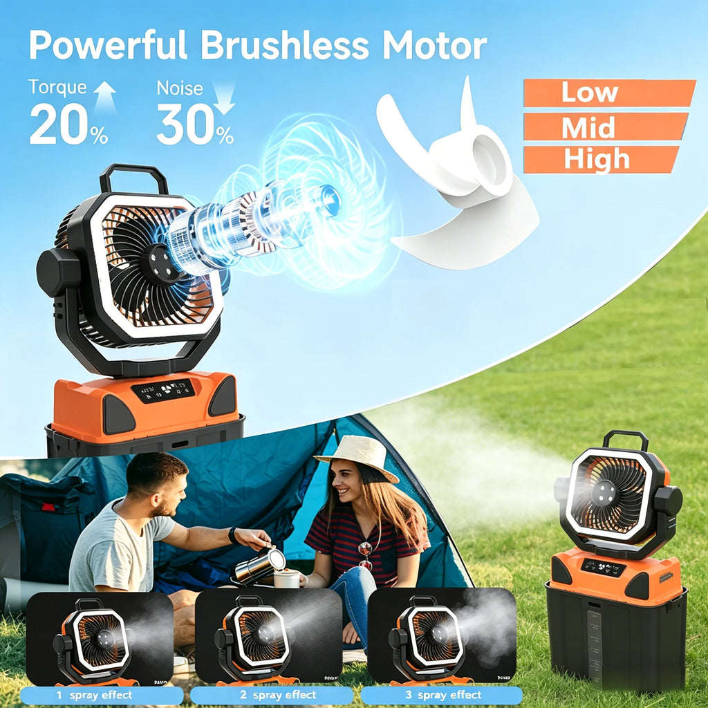 Outdoor Portable Fan 50000mAh Battery Operated with Turbo High-Speed Brushless Motor Auto-Swing for Camping Hiking Picnic BBQ