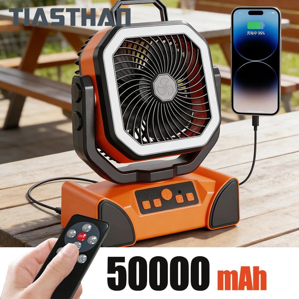 Outdoor Portable Fan 50000mAh Battery Operated with Turbo High-Speed Brushless Motor Auto-Swing for Camping Hiking Picnic BBQ