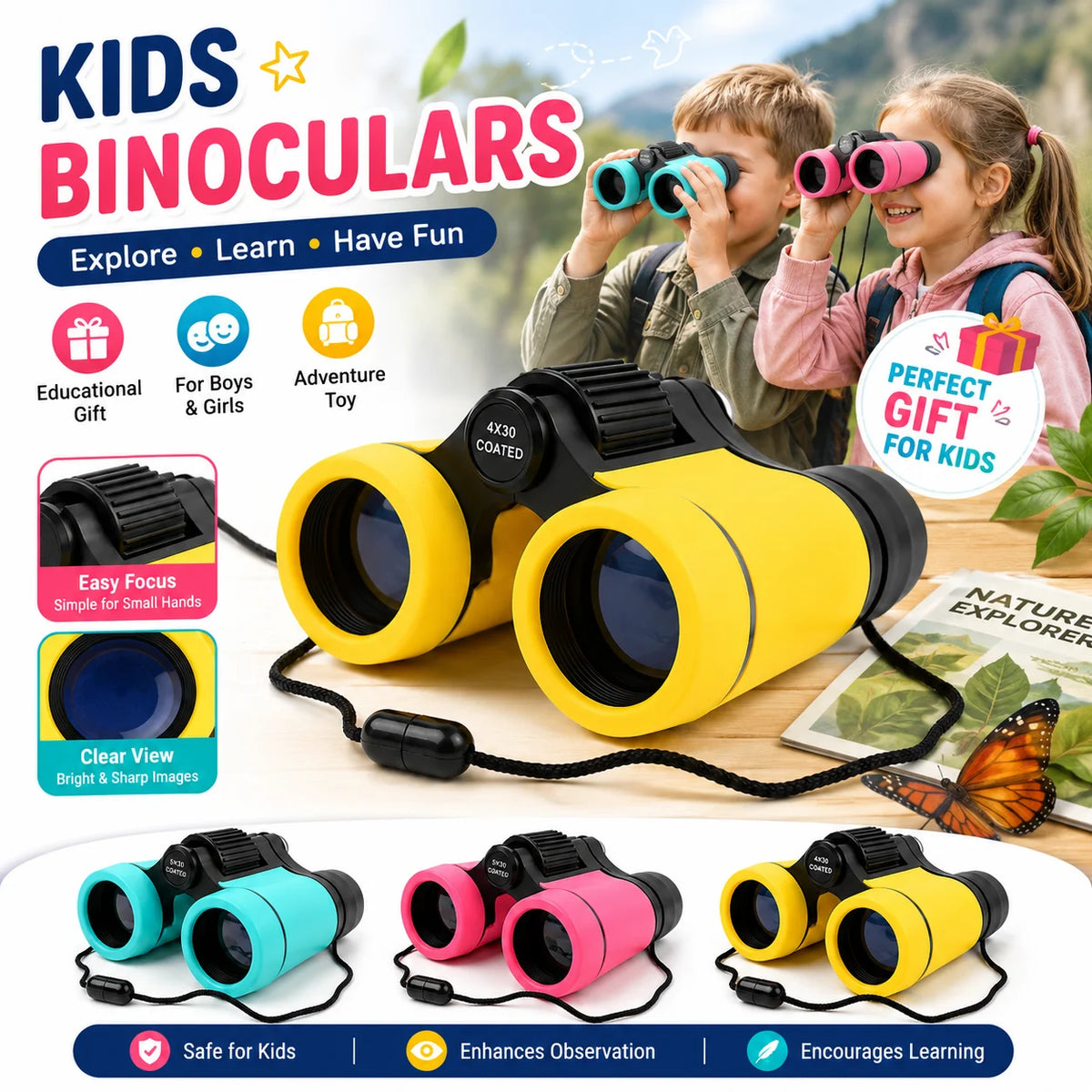 Kids Binoculars 4x30 Portable High-Magnification for Birdwatching, Outdoor Play, Educational Gifts for Boys & Girls