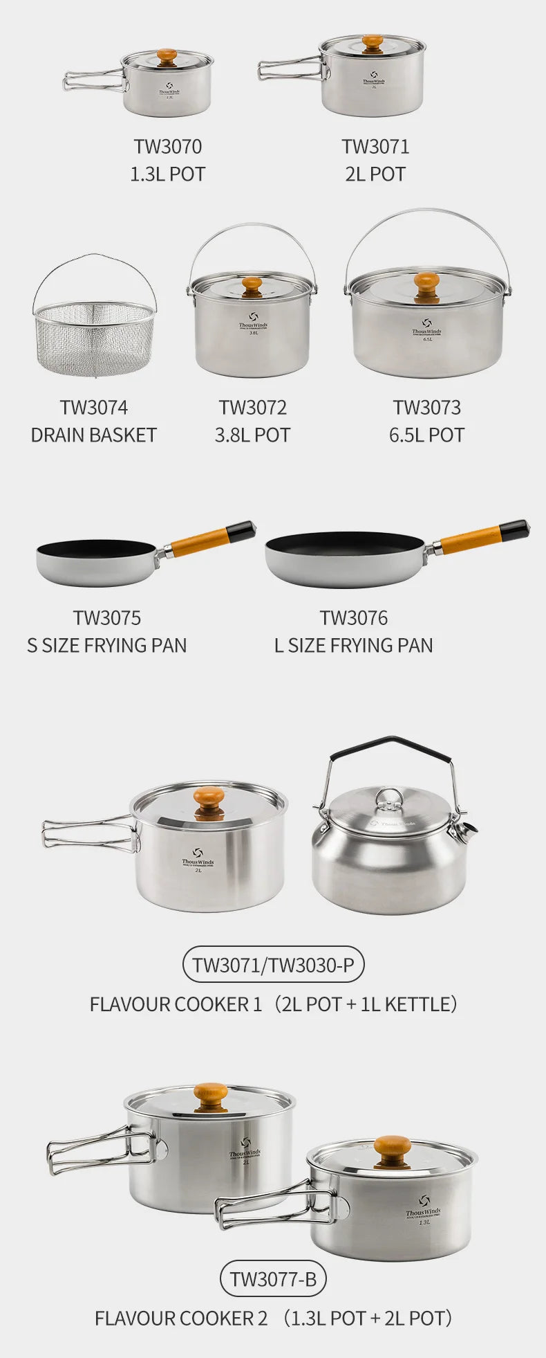 Thous Winds Camping Cookware Set Stainless Steel Outdoor Cooking Kit Tableware Cookset Pan Bowl Kettle Pot Picnic with Mesh Bag