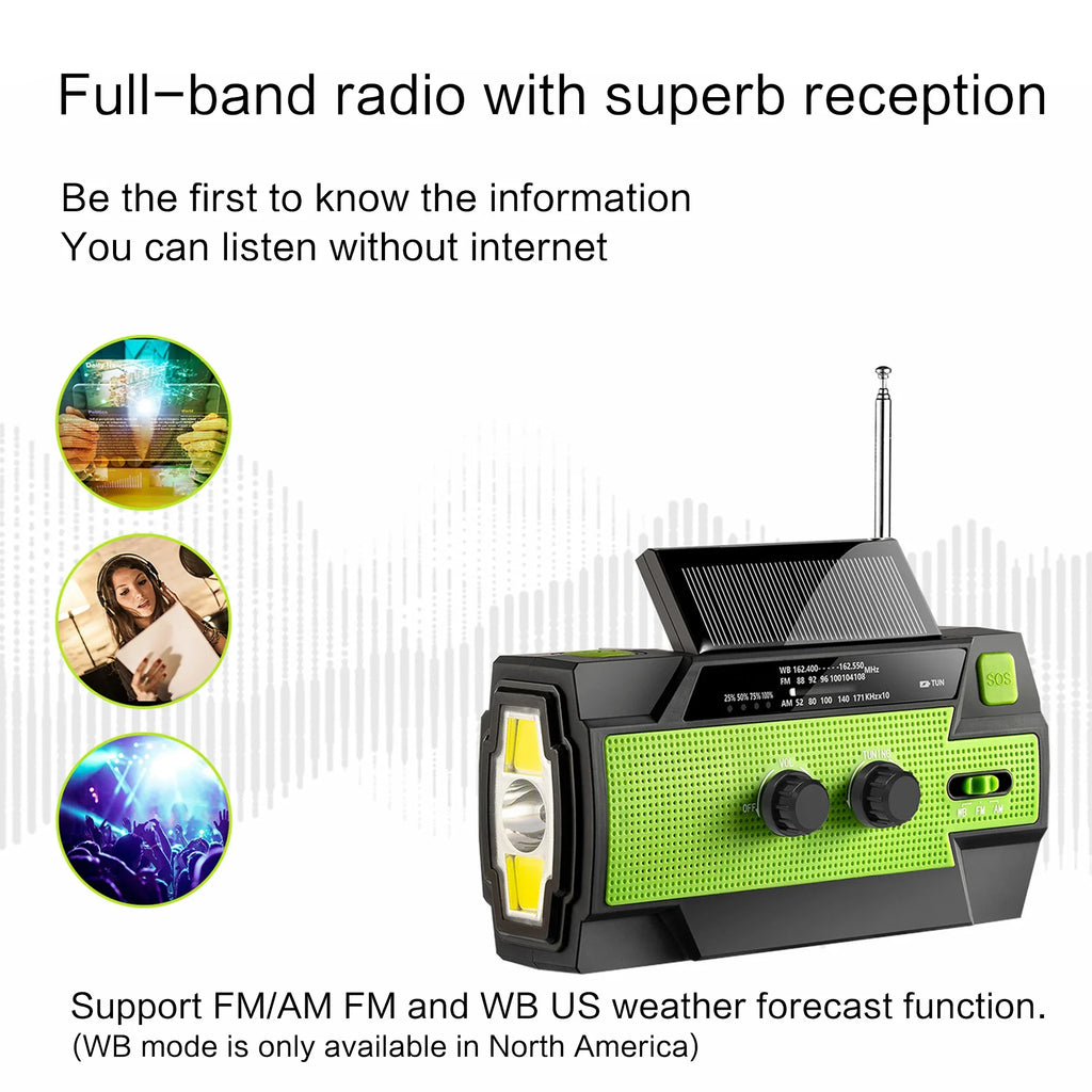 Portable Solar Hand Crank AM/FM Radio — Flashlight, Power Bank & SOS