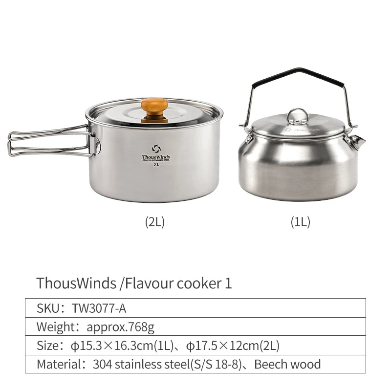 Thous Winds Camping Cookware Set Stainless Steel Outdoor Cooking Kit Tableware Cookset Pan Bowl Kettle Pot Picnic with Mesh Bag