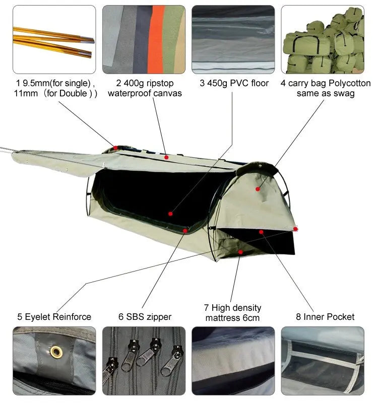 Canvas Swag Tent — 1–2 Person Dome Tent with Foam Mattress