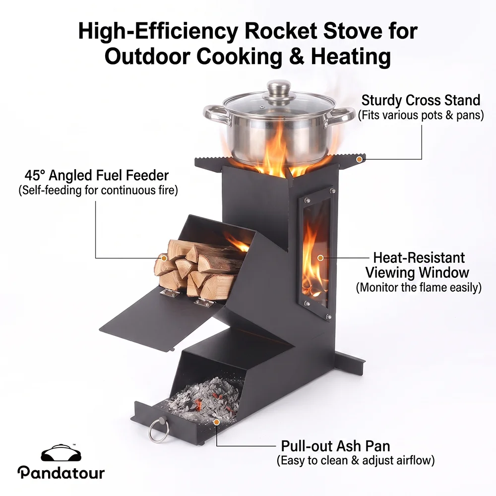 Pandatour Outdoor Portable Stainless Steel Rocket Stove For Outdoor Cooking Camping Stove Heating And Cooking Wood Stove