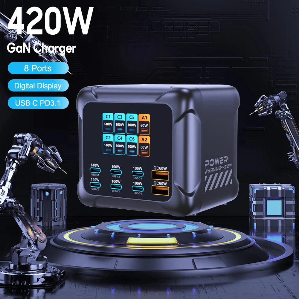 Ubigbuy 420W GaN Charger PPS PD3.1 140W USB Type C Charger Digital Display Ultra Fast Charging Station for MacBook iPhone 17 Samsung