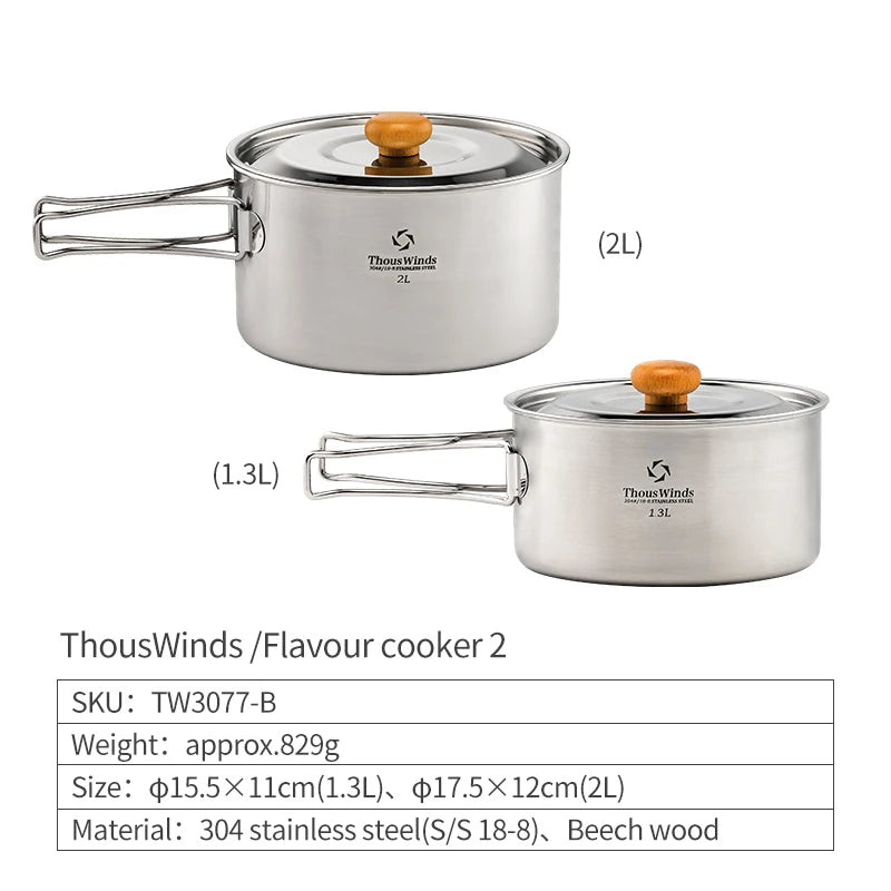 Thous Winds Camping Cookware Set Stainless Steel Outdoor Cooking Kit Tableware Cookset Pan Bowl Kettle Pot Picnic with Mesh Bag