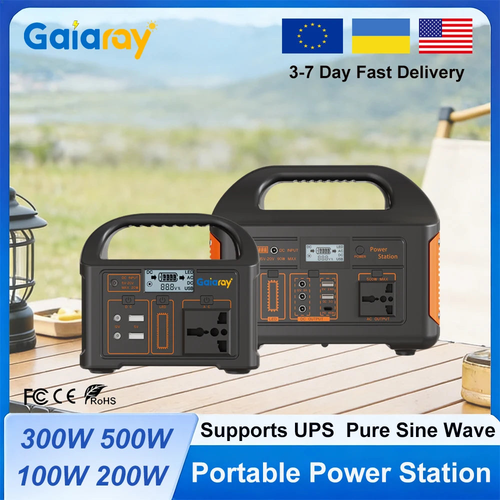 Gaiaray Portable Power Station 100W 200W 300W 500W Pure Sine Wave Solar Generator 110V/220V UPS LiFePO4 Power Plant For Camping