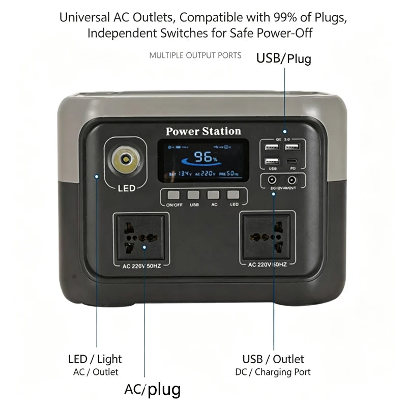 800W Portable Power Station 600W/800W 589WH Solar Generator Backup Power Bank for Outdoor Camping, Home Emergency, RV Travel