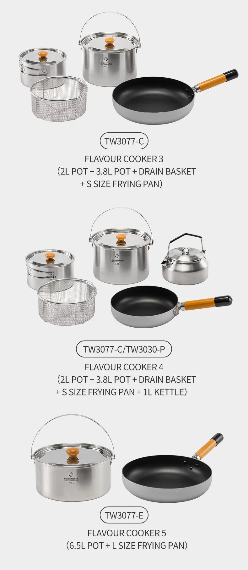 Thous Winds Camping Cookware Set Stainless Steel Outdoor Cooking Kit Tableware Cookset Pan Bowl Kettle Pot Picnic with Mesh Bag