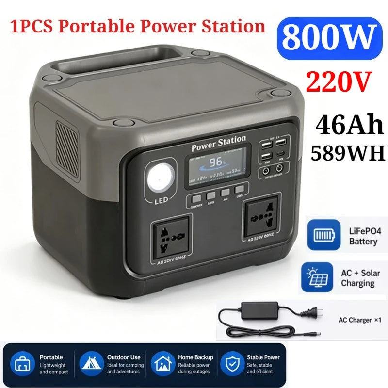 800W Portable Power Station 600W/800W 589WH Solar Generator Backup Power Bank for Outdoor Camping, Home Emergency, RV Travel