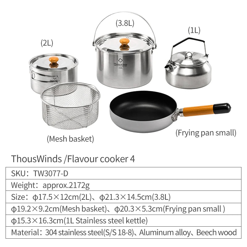 Thous Winds Camping Cookware Set Stainless Steel Outdoor Cooking Kit Tableware Cookset Pan Bowl Kettle Pot Picnic with Mesh Bag