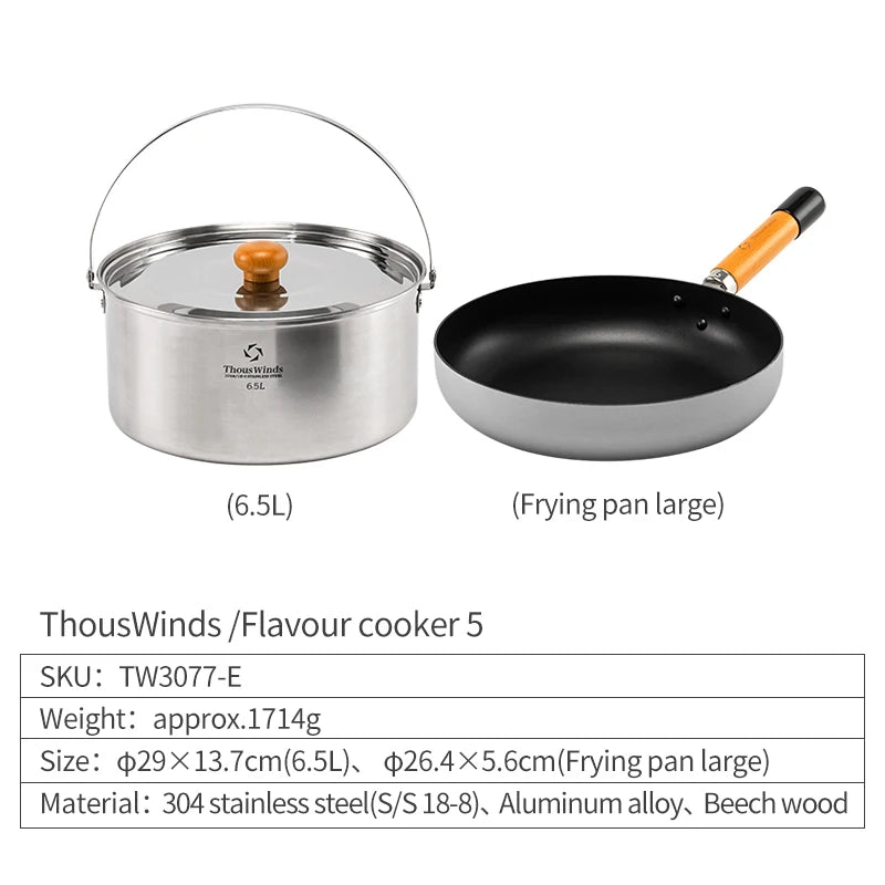 Thous Winds Camping Cookware Set Stainless Steel Outdoor Cooking Kit Tableware Cookset Pan Bowl Kettle Pot Picnic with Mesh Bag