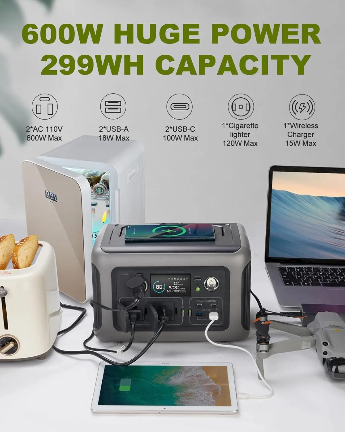 ALLPOWERS R600 Power Station + 100W Solar Panel — 299Wh LiFePO4 Kit