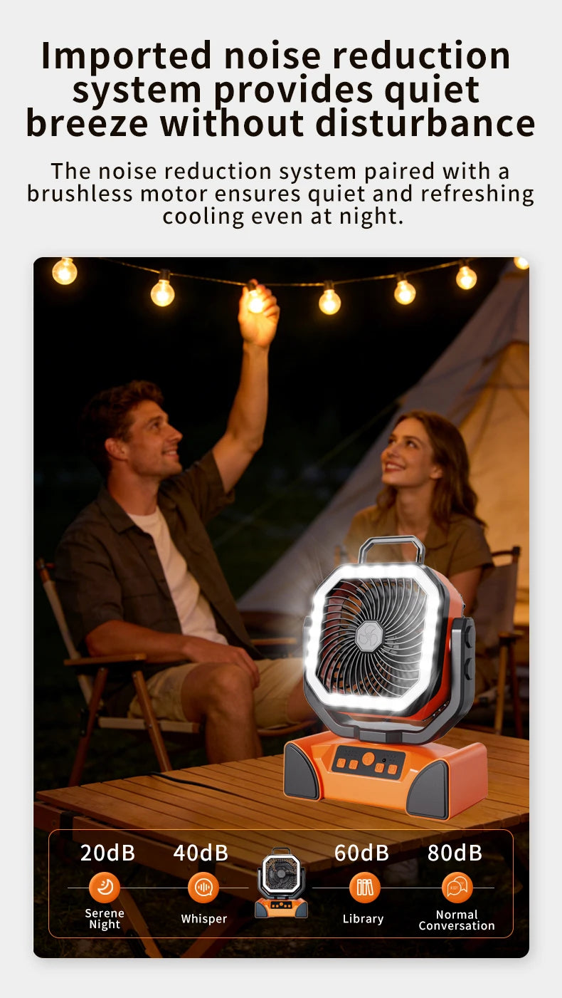 Outdoor Portable Fan 50000mAh Battery Operated with Turbo High-Speed Brushless Motor Auto-Swing for Camping Hiking Picnic BBQ