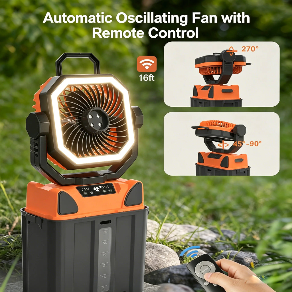 Outdoor Portable Fan 50000mAh Battery Operated with Turbo High-Speed Brushless Motor Auto-Swing for Camping Hiking Picnic BBQ
