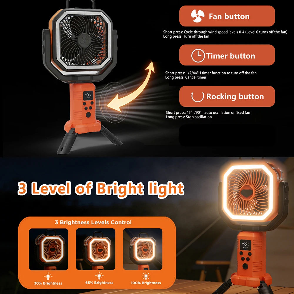 Outdoor Portable Fan 50000mAh Battery Operated with Turbo High-Speed Brushless Motor Auto-Swing for Camping Hiking Picnic BBQ