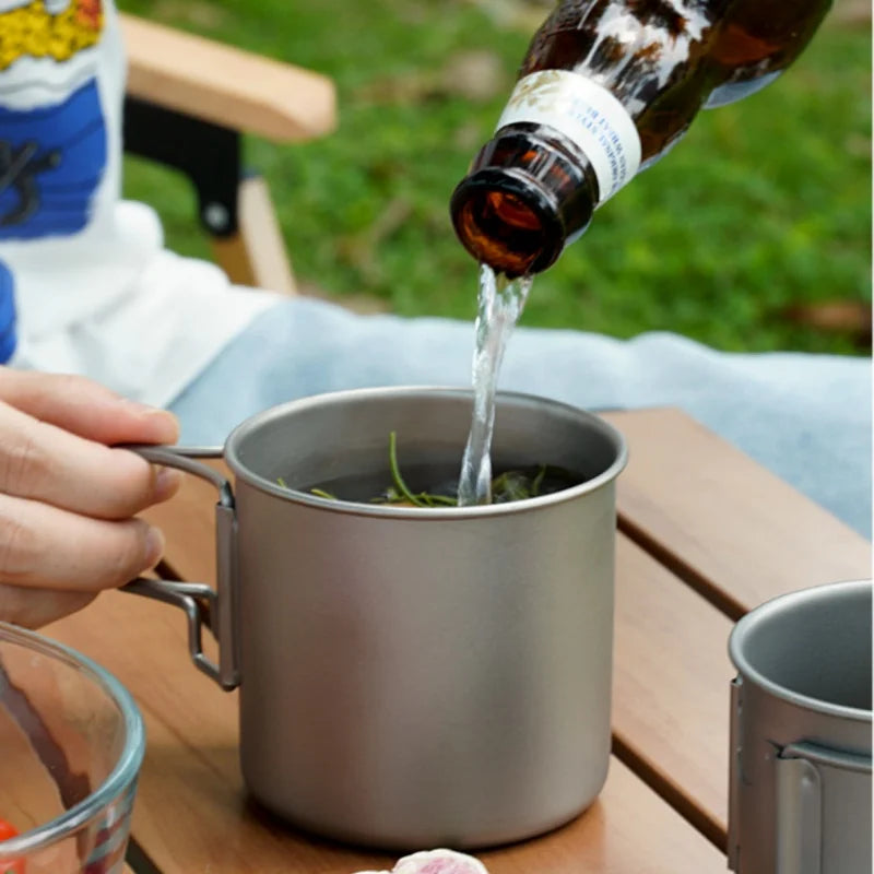 Titanium Camping Cookware Set with Folding Mug (420ml/750ml) and 750ml Pot, Lightweight Portable Outdoor Kit for Hiking Backpack