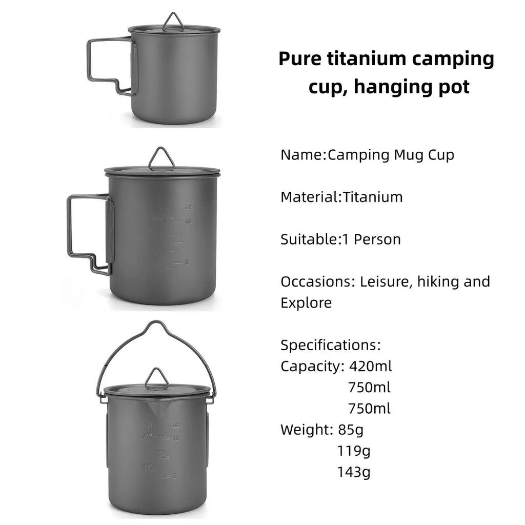Titanium Camping Cookware Set with Folding Mug (420ml/750ml) and 750ml Pot, Lightweight Portable Outdoor Kit for Hiking Backpack