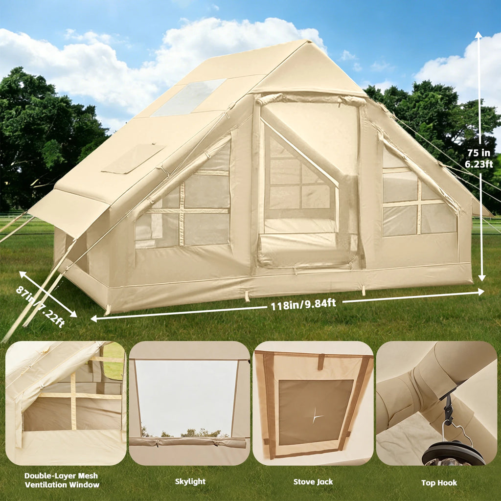 2000mm Waterproof Inflatable Glamping Tent — 3–4 Person Air Tent with Hand Pump