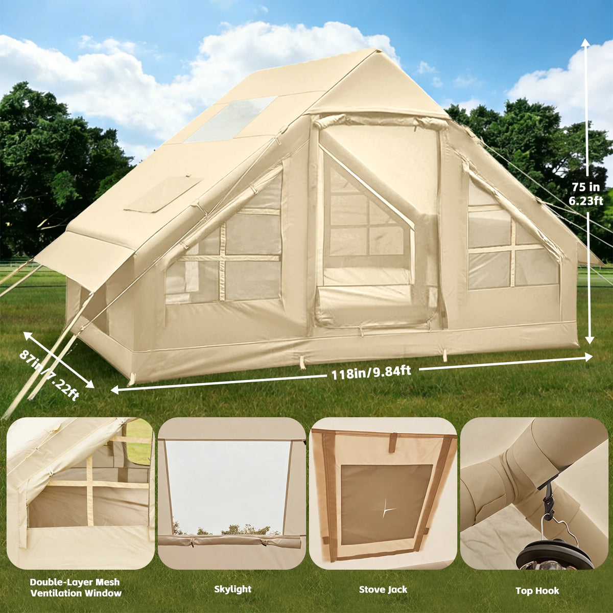 2000mm Waterproof Inflatable Glamping Tent — 3–4 Person Air Tent with Hand Pump