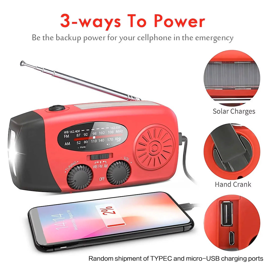 Portable Solar Hand Crank AM/FM Radio — Flashlight, Power Bank & SOS