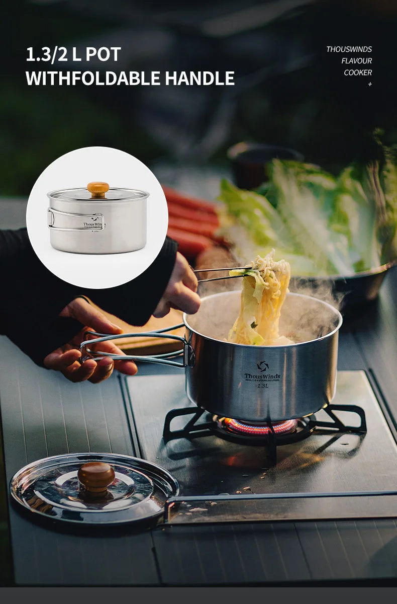 Thous Winds Camping Cookware Set Stainless Steel Outdoor Cooking Kit Tableware Cookset Pan Bowl Kettle Pot Picnic with Mesh Bag
